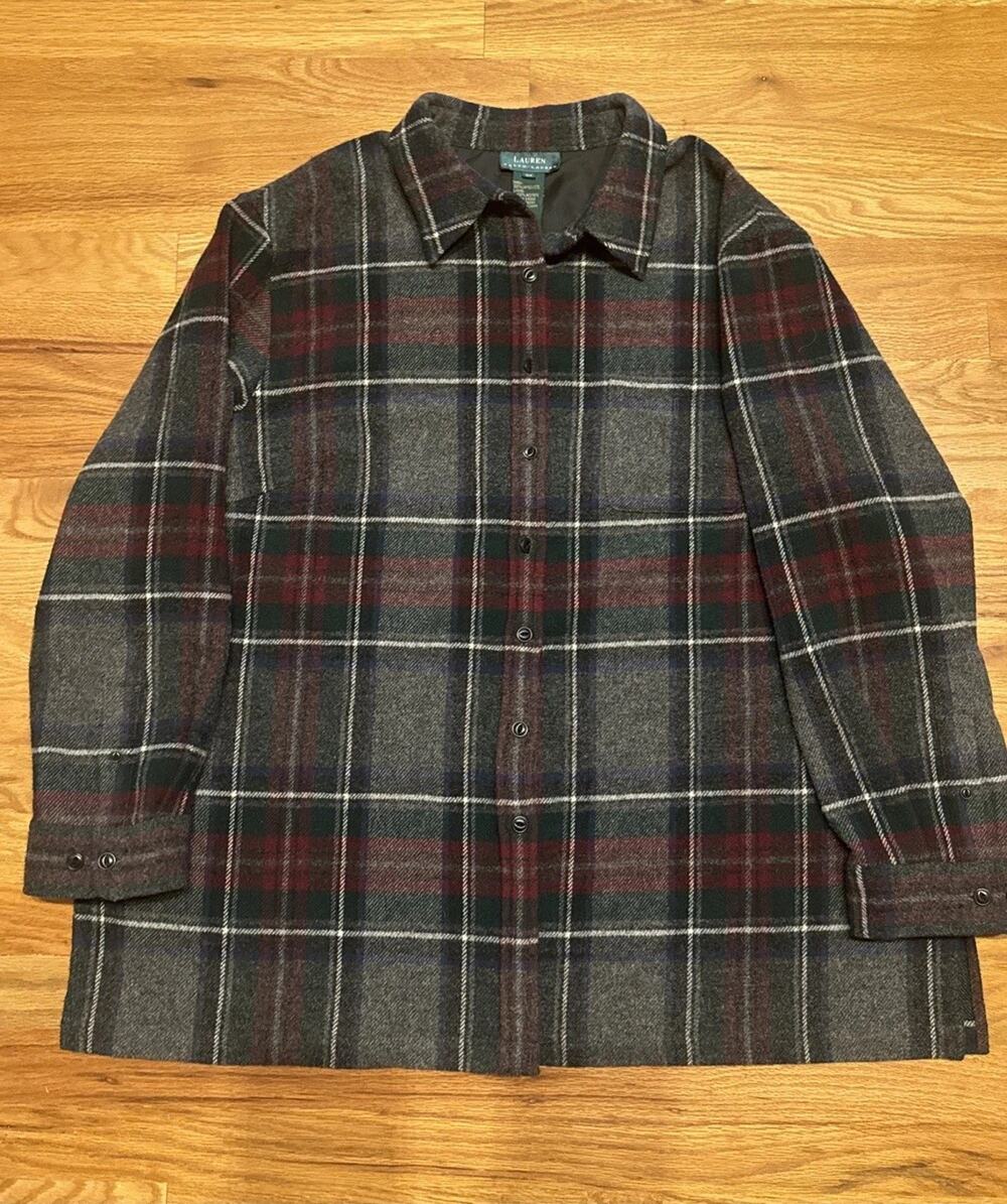 Lauren Ralph Lauren 100% Lambswool Shacket Women's Size 3X Multi Color Plaid
